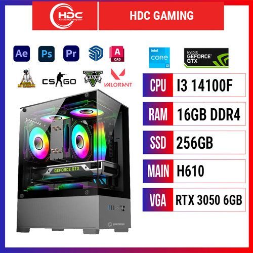 PC HDC GAMING CPU Intel i3 14100F – RAM 16GB DDR4 – SSD 256GB – MAIN H610 - VGA RTX 3050 6GB